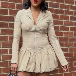 Beige Long Sleeve Zip-Up Dress